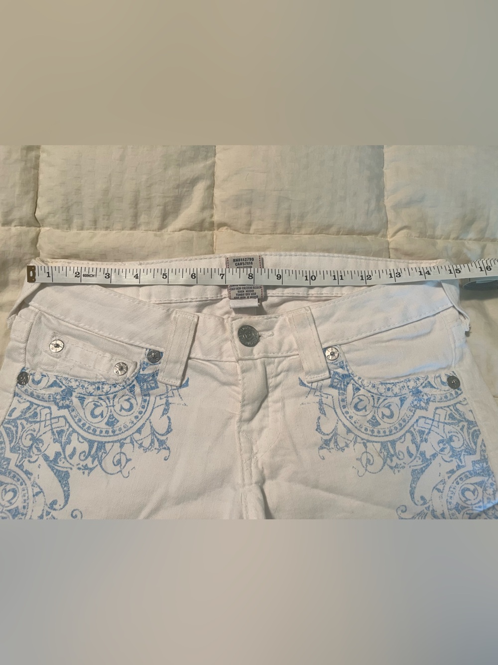True Religion White Denim Shorts with Light Blue Scroll Print - Picture 8 of 12